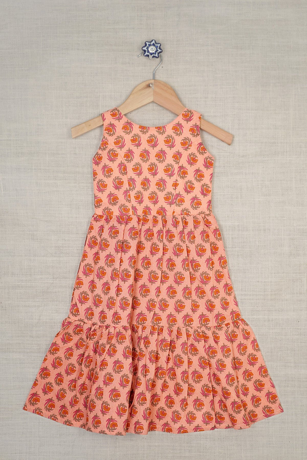 Floral Jaipur Printed Peach Pink Two Layer Cotton Frock