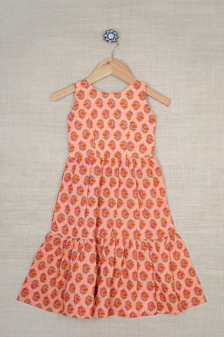 Floral Jaipur Printed Peach Pink Two Layer Cotton Frock