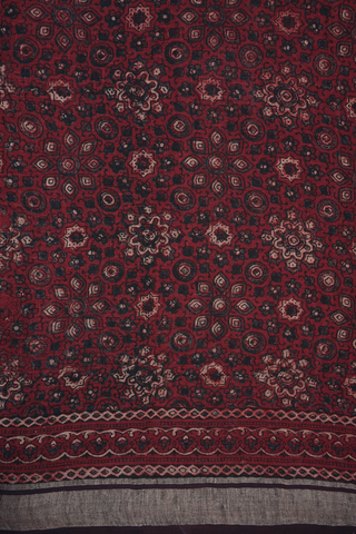 Floral Motifs Berry Red Ajrakh Printed Linen Saree