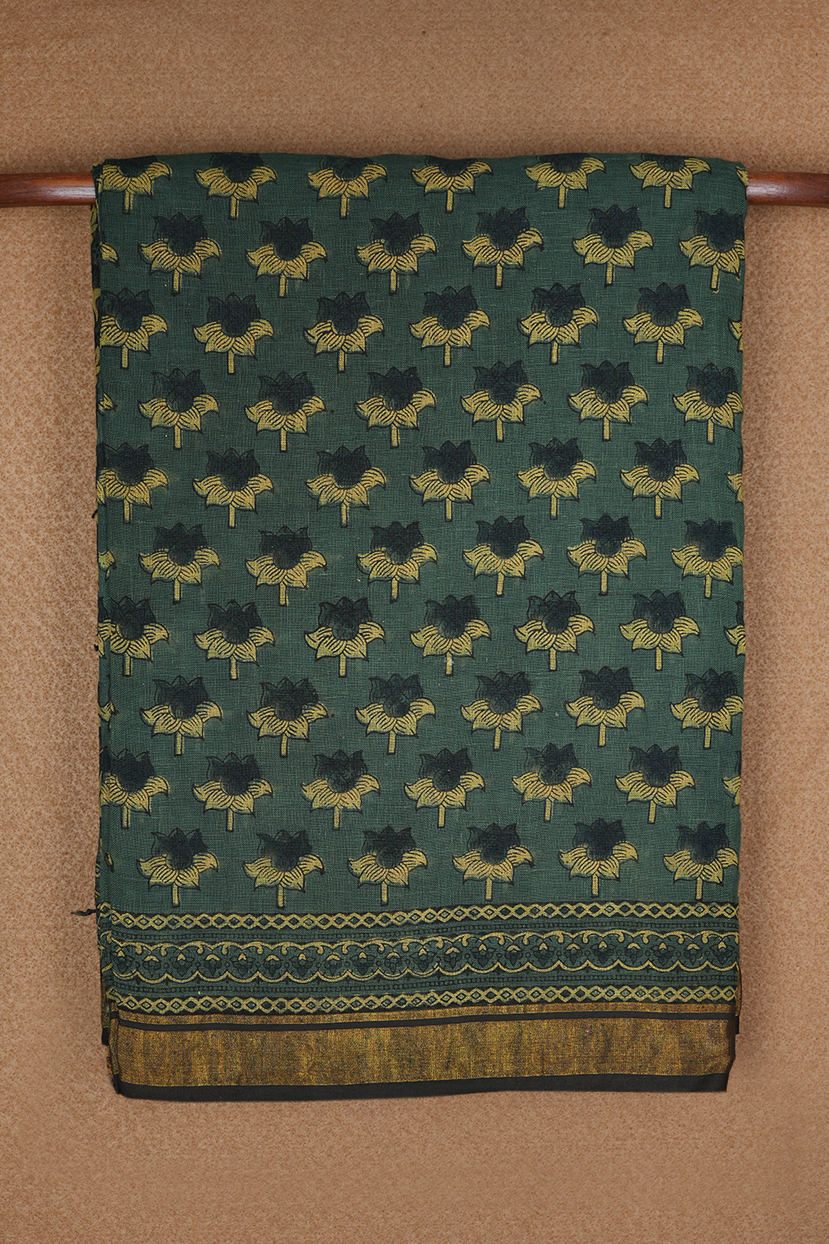 Floral Motifs Chalet Green Ajrakh Printed Linen Saree