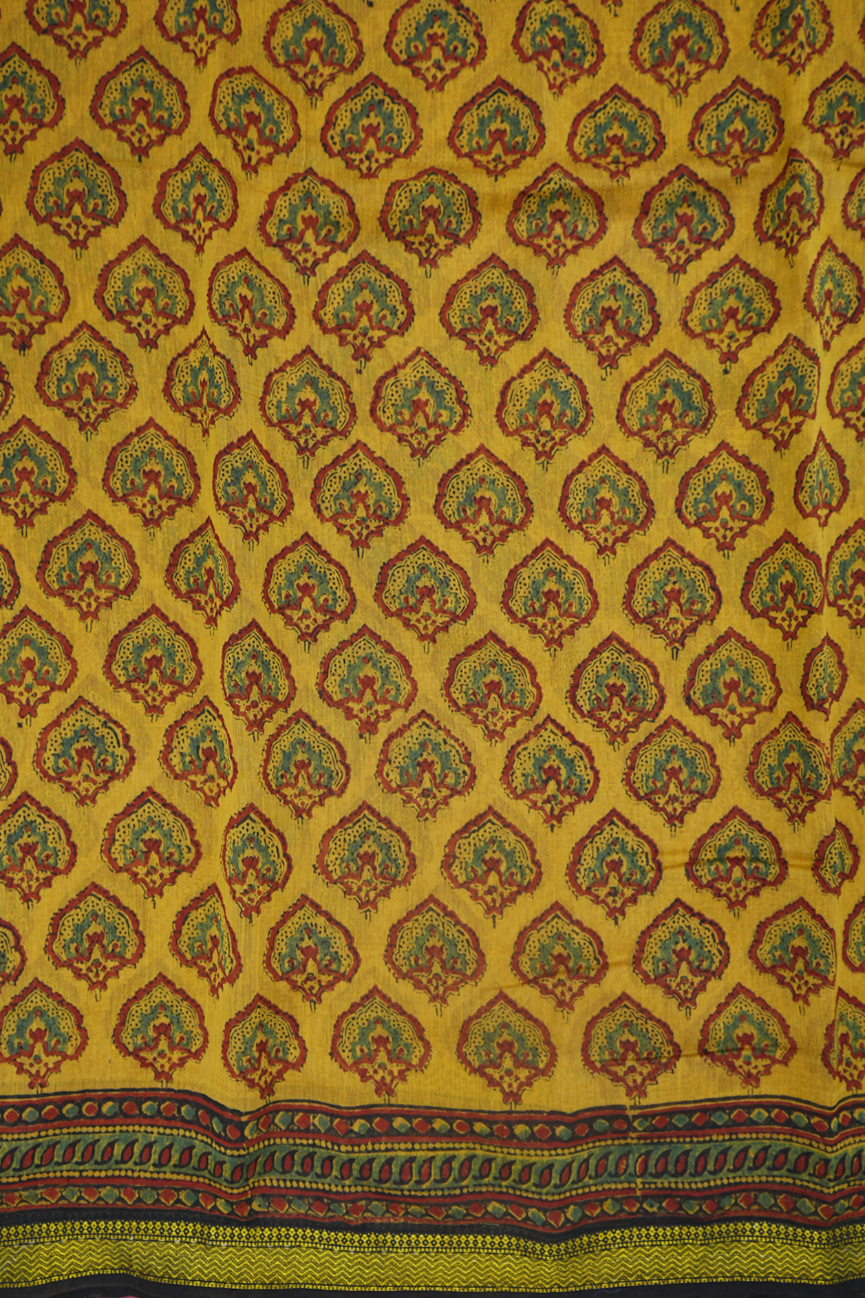 Floral Motifs Mustard Yellow Ajrakh Chanderi Cotton Saree