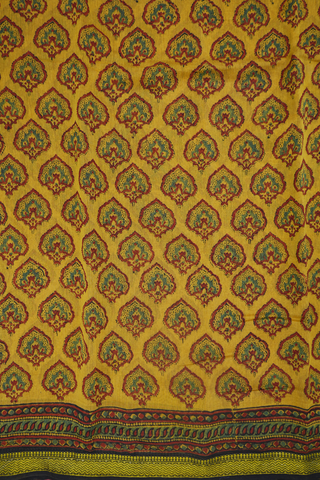 Floral Motifs Mustard Yellow Ajrakh Chanderi Cotton Saree