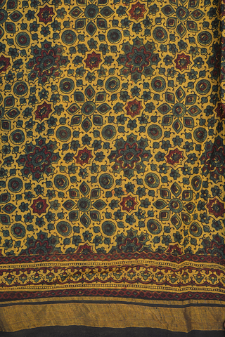 Floral Motifs Royal Yellow Ajrakh Printed Linen Saree