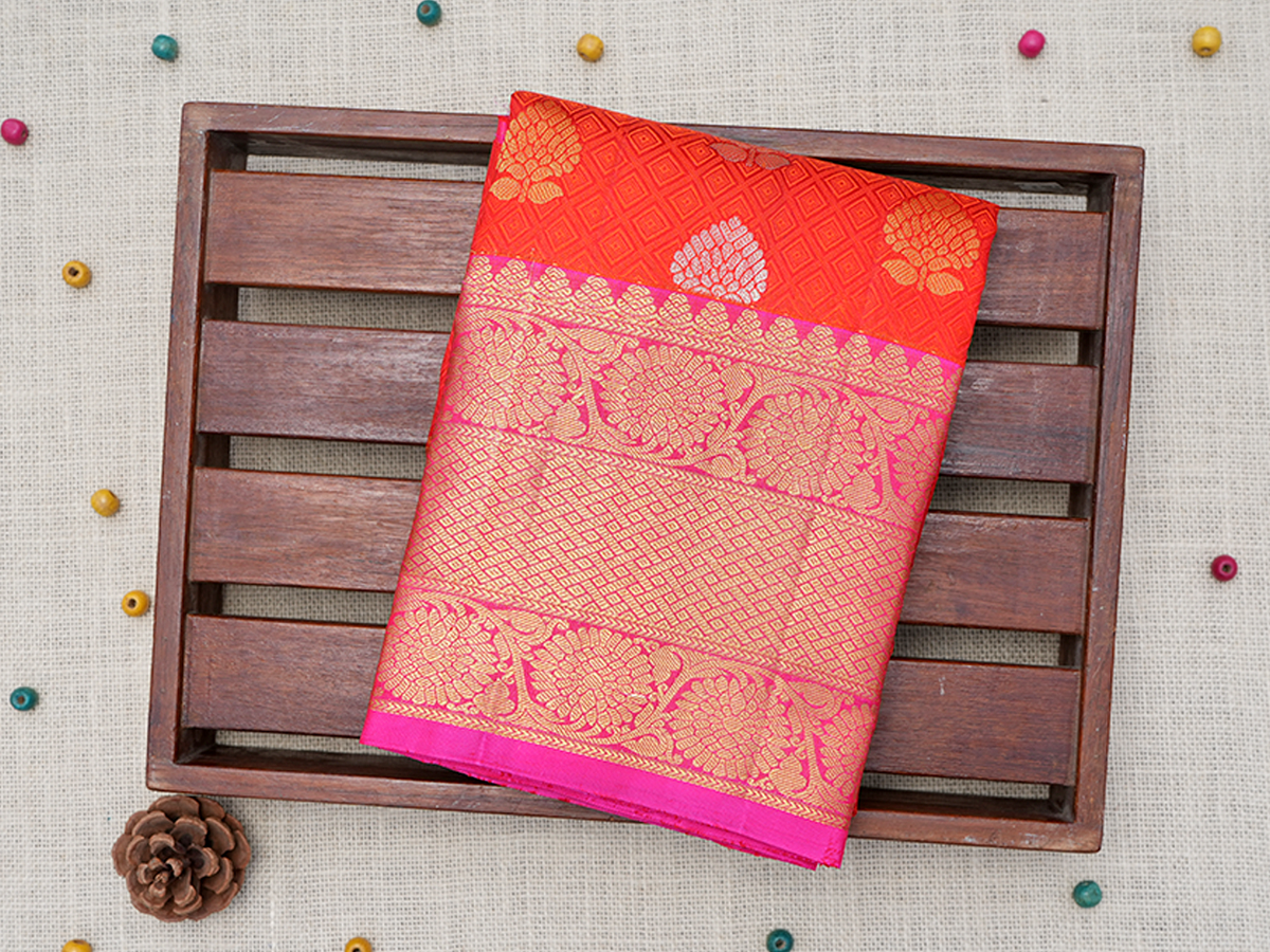 Floral Motifs Tomato Red Unstitched Pavadai Sattai Material