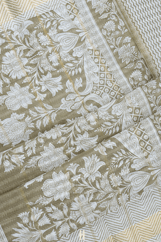 Floral Paisley Design Yellowish Grey Printed Cotton Saree