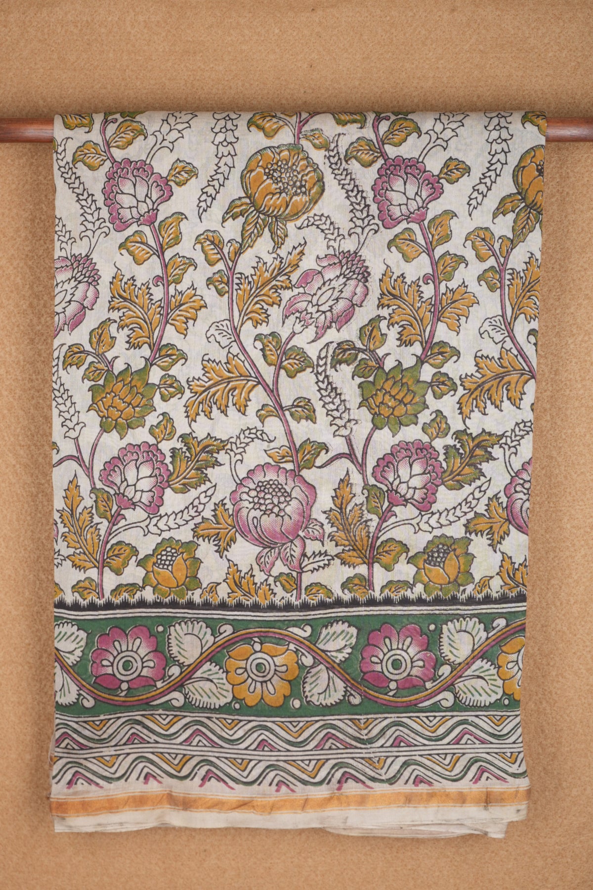 Floral Pattern Off White Printed Kalamkari Chanderi Saree
