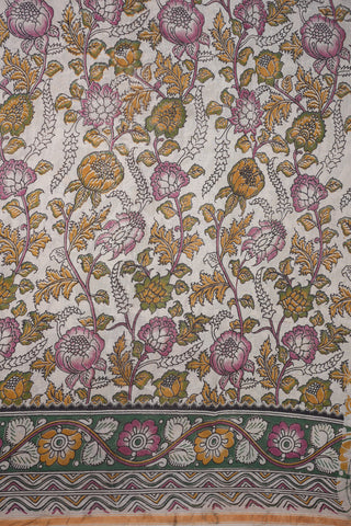 Floral Pattern Off White Printed Kalamkari Chanderi Saree