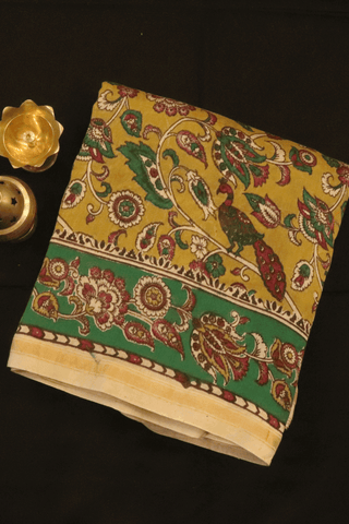 Floral Peacock Design Golden Yellow Kalamkari Cotton Saree