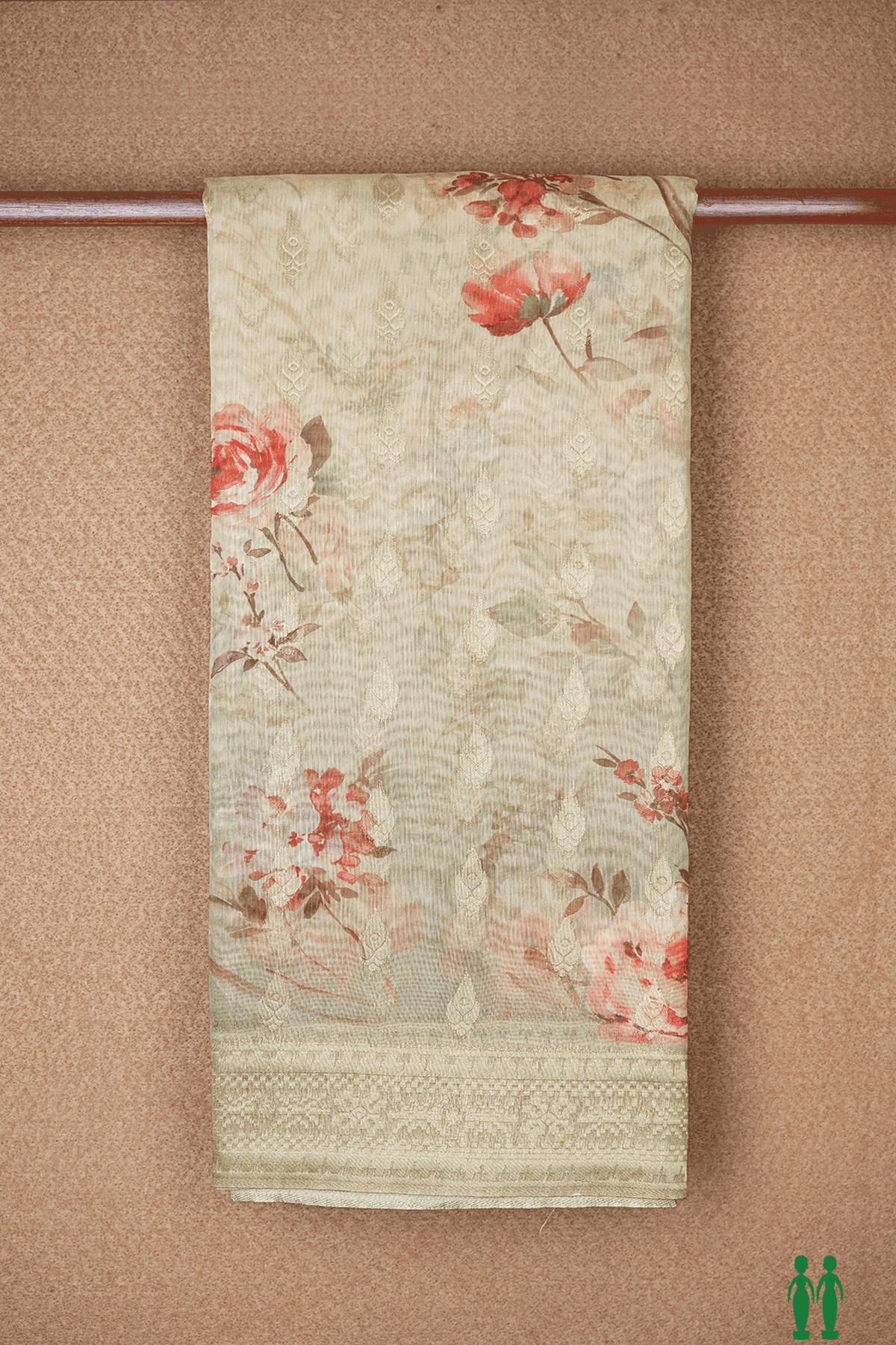 Floral Printed And Zari Buttas Tan Semi Linen Saree