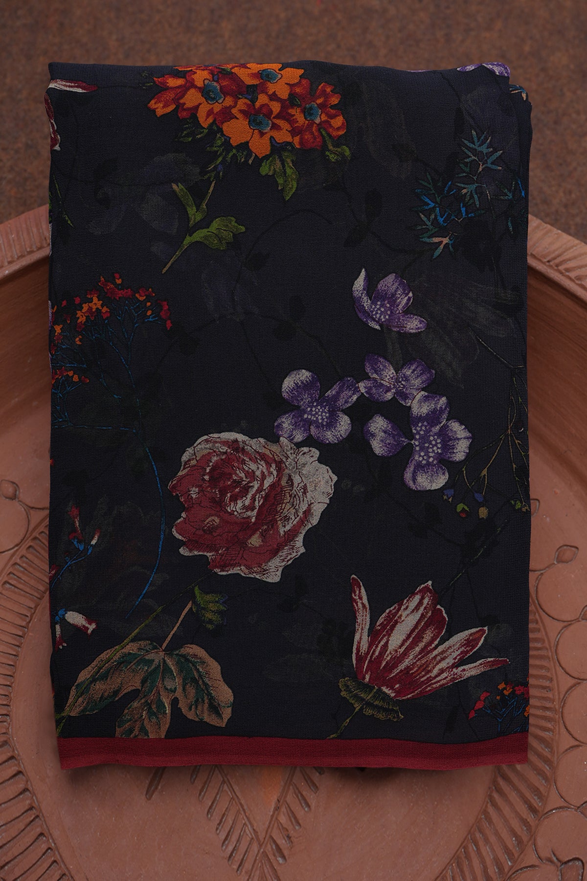 Floral Printed Black Georgette Saree