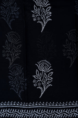 Floral Printed Black Semi Kota Cotton Saree