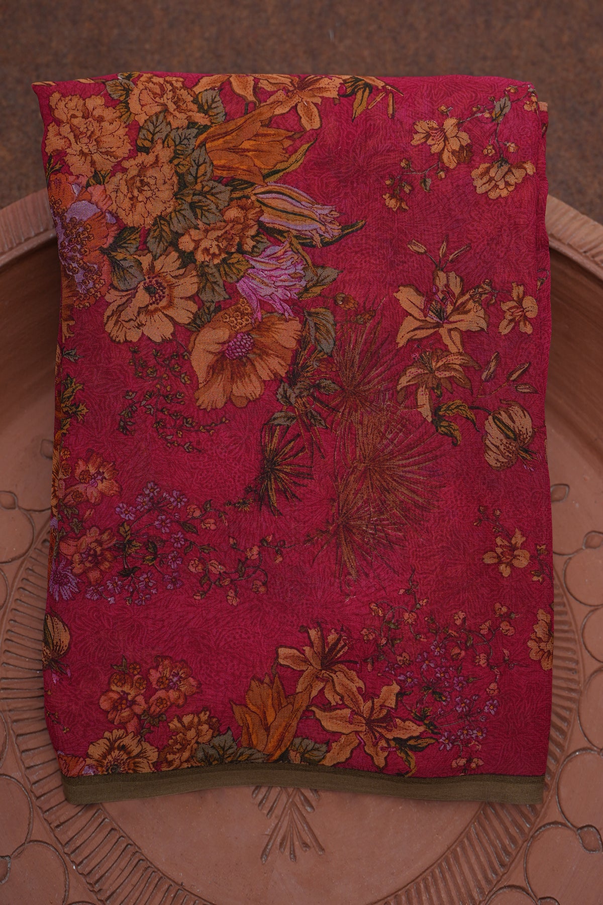 Floral Printed Blush Red Georgette Saree