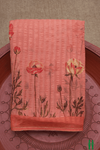 Floral Printed Border Salmon Pink Chiffon Saree