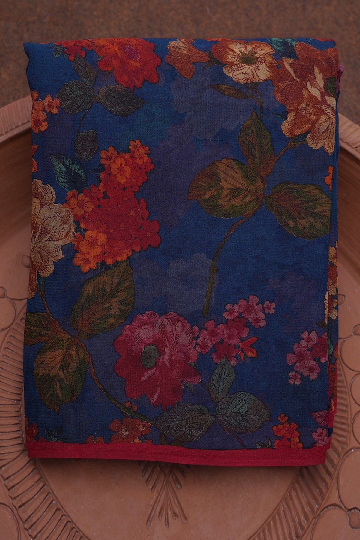 Floral Printed Capri Blue Georgette Saree