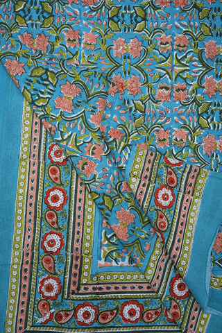 Floral Printed Cerulean Blue Cotton Double Bedspread