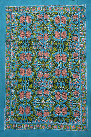 Floral Printed Cerulean Blue Cotton Double Bedspread