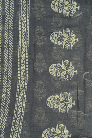 Floral Printed Charcoal Grey Semi Jute Saree