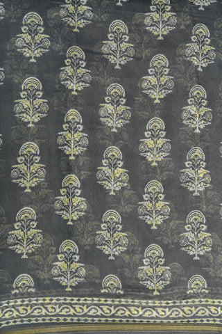 Floral Printed Charcoal Grey Semi Jute Saree