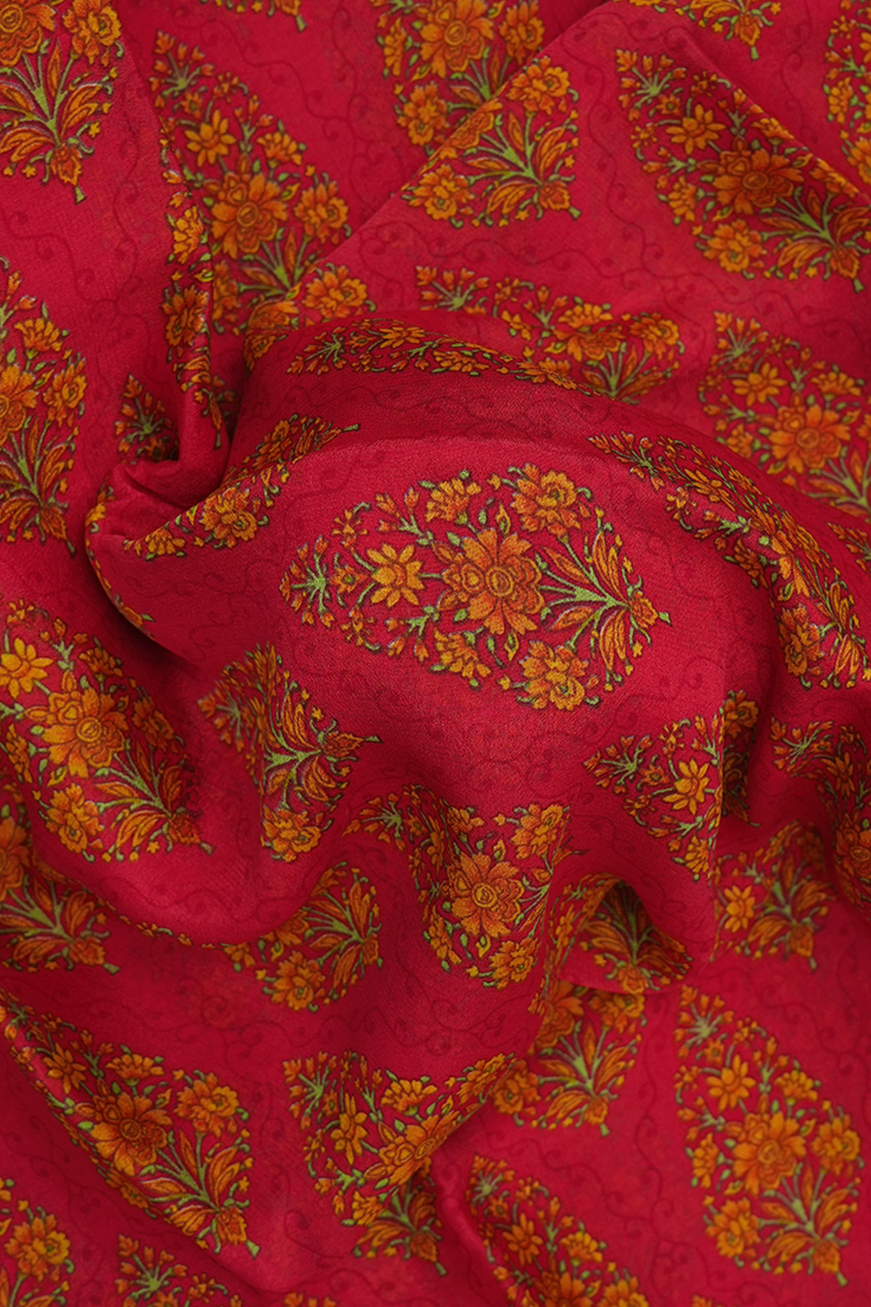 Floral Printed Design Chilli Red Crepe Saree