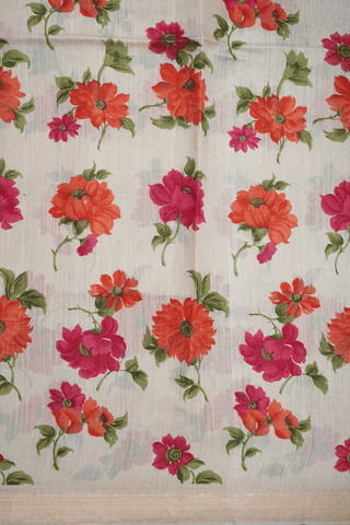Floral Printed Design Beige Tussar Silk Saree