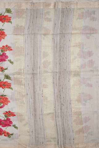Floral Printed Design Beige Tussar Silk Saree