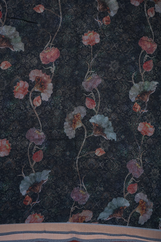 Floral Digital Printed Black Semi Linen Saree