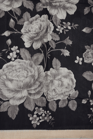 Floral Printed Design Black Tussar Silk Saree