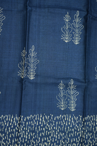 Floral Printed Design Oxford Blue Tussar Silk Saree