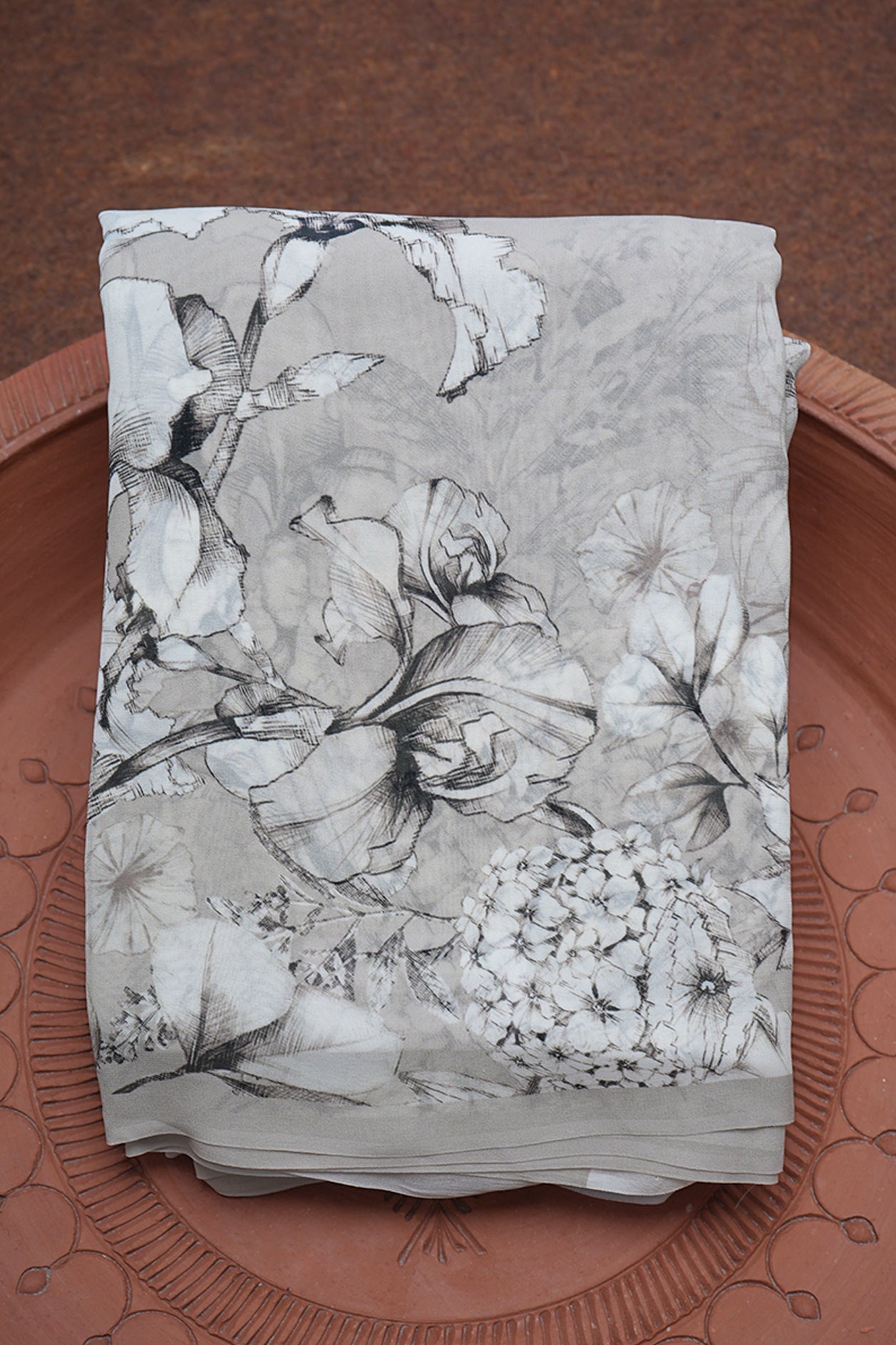 Printed Floral Design Border Light Grey Georgette Saree