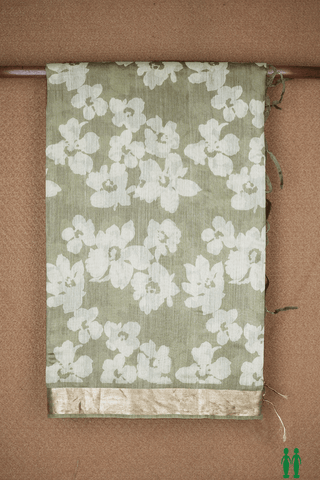 Floral Printed Design Cardamom Green Tussar Silk Saree