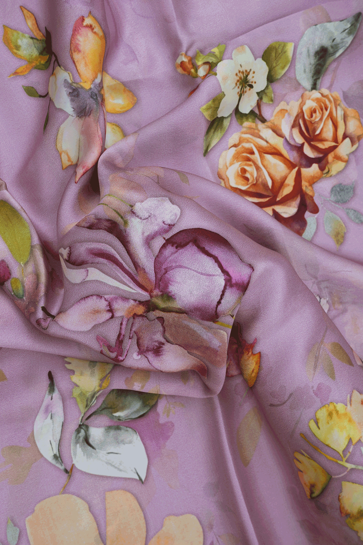 Floral Digital Printed Dusty Lavender Satin Crepe Saree