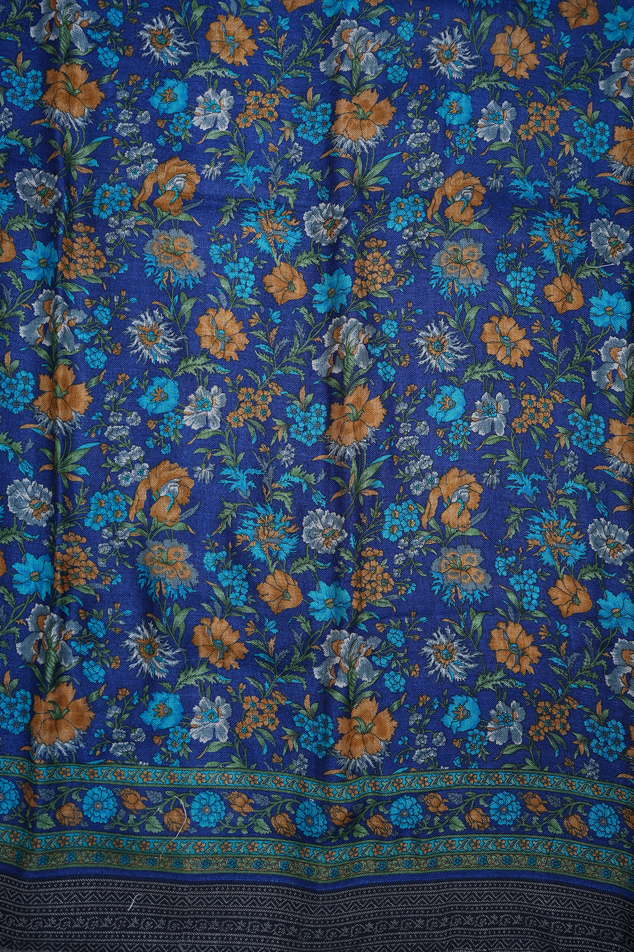 Floral Printed Design Indigo Blue Pashmina Wool Cotton Saree