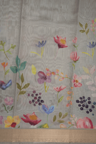 Floral Digital Printed Light Grey Chanderi Silk Cotton Saree