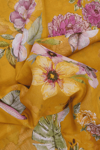 Floral Digital Printed Mustard Yellow Chiffon Saree