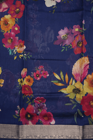 Floral Digital Printed Navy Blue Chanderi Silk Cotton Saree