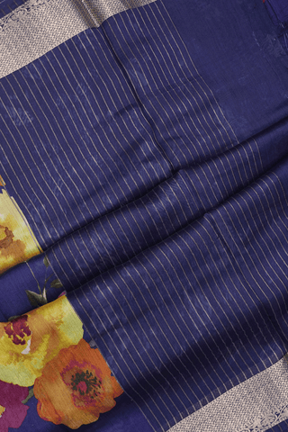 Floral Digital Printed Navy Blue Chanderi Silk Cotton Saree
