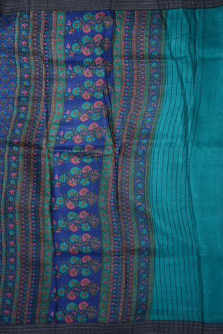 Floral Printed Design Navy Blue Pashmina Wool Cotton Saree