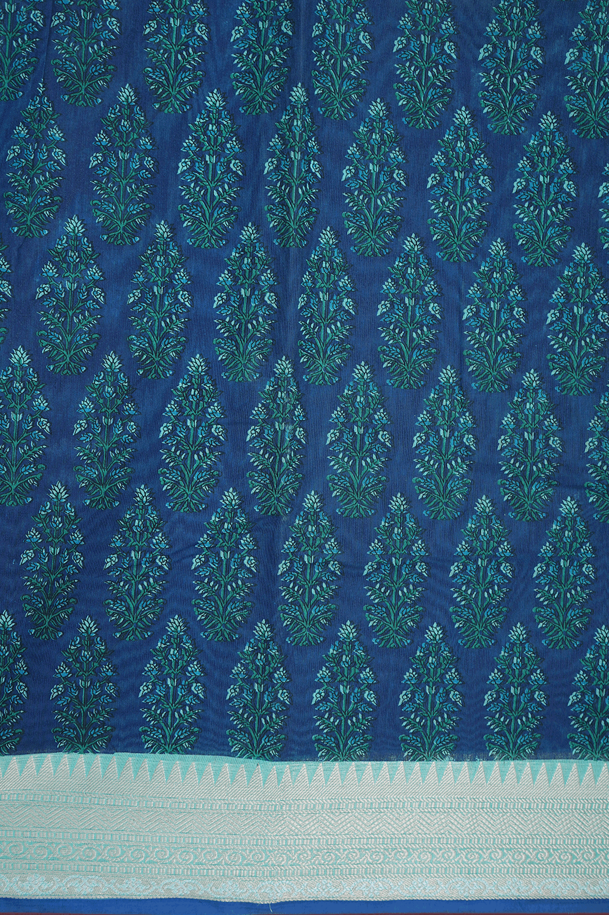 Floral Printed Design Oxford Blue Chanderi Cotton Saree