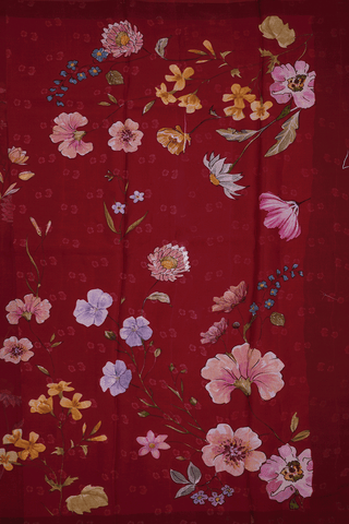 Floral Digital Printed Ruby Red Chiffon Saree