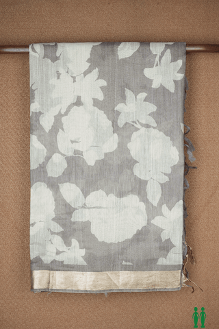 Floral Printed Design Steel Grey Tussar Silk Saree