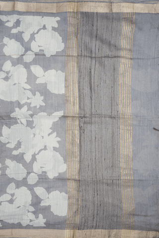Floral Printed Design Steel Grey Tussar Silk Saree