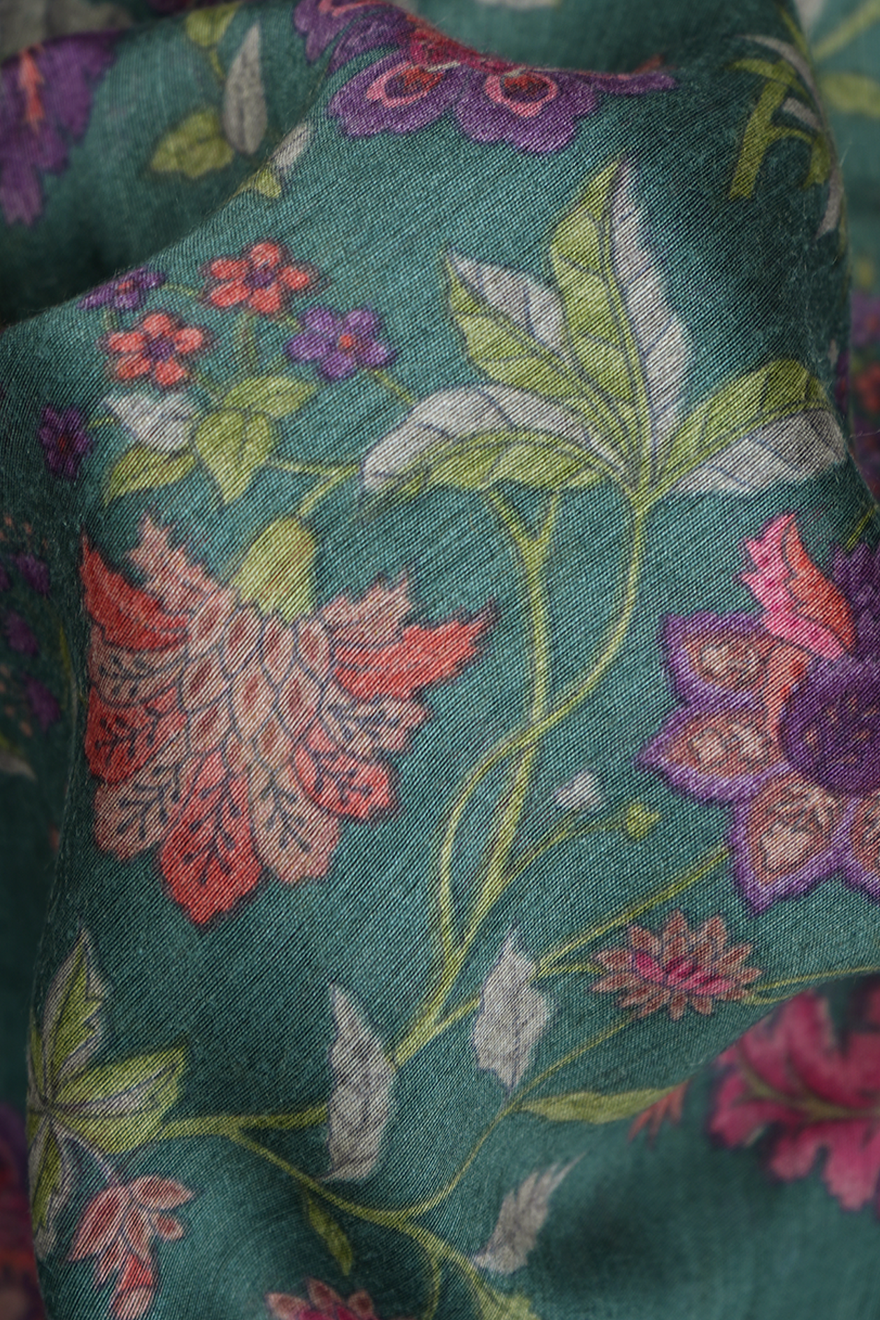 Floral Printed Dusty Teal Green Chanderi Silk Cotton Saree