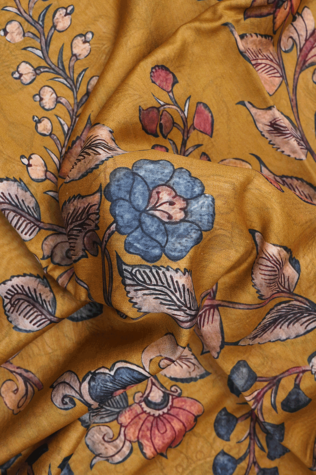 Floral Printed Golden Yellow Chanderi Silk Cotton Saree