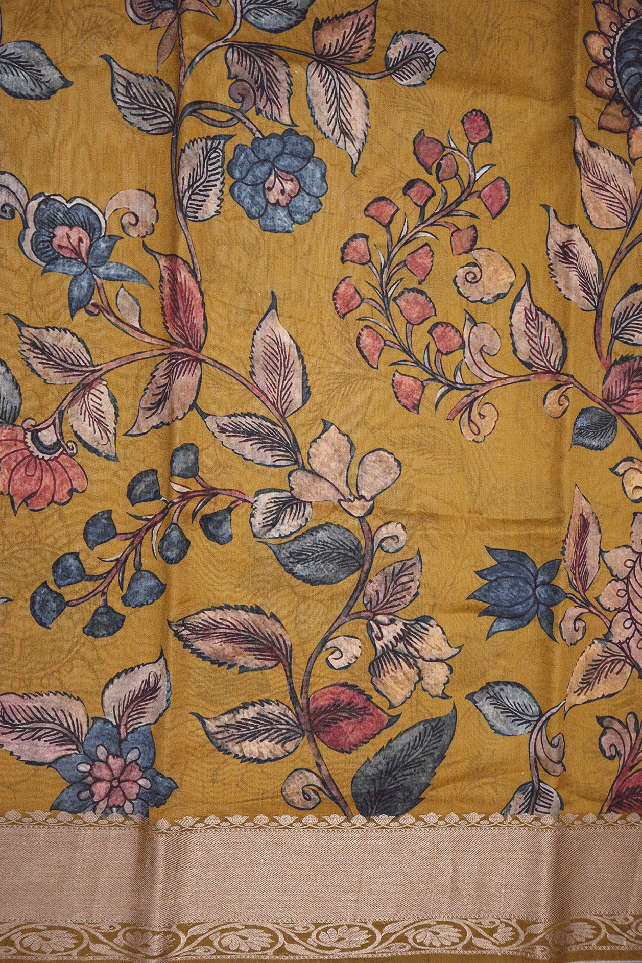Floral Printed Golden Yellow Chanderi Silk Cotton Saree