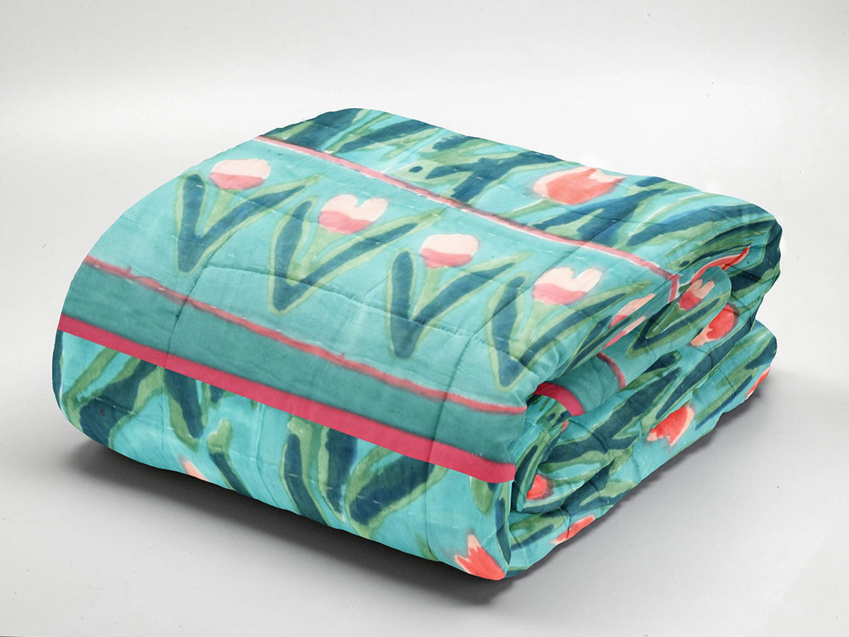 Floral Printed Mint Green Cotton Double Quilt
