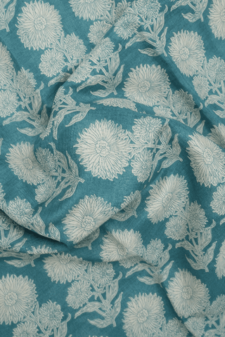 Floral Printed Motif Turkish Blue Chanderi Silk Cotton Saree