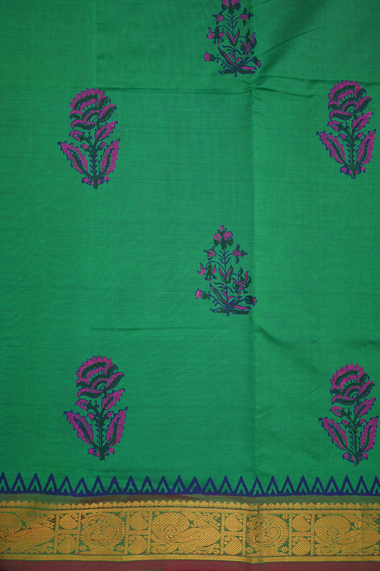 Floral Printed Motifs Jade Green Poly Cotton Saree
