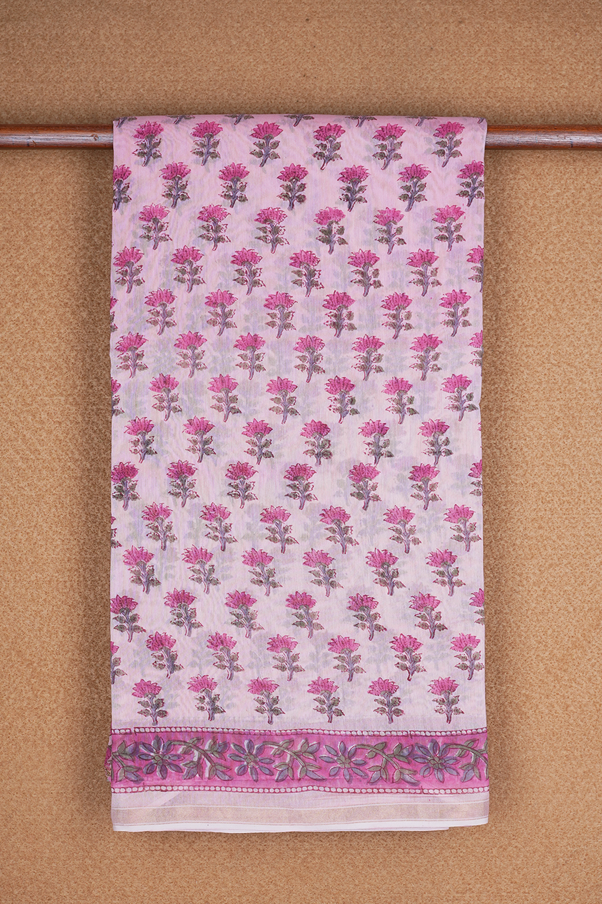 Floral Printed Motifs Pastel Pink Chanderi Cotton Saree
