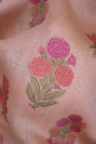 Floral Printed Motifs Rose Gold Chanderi Silk Cotton Saree