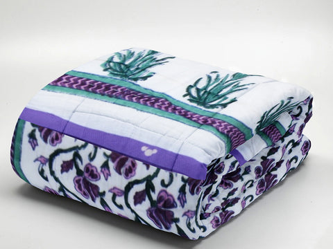Floral Printed Off White And Purple Cotton Double Quilt